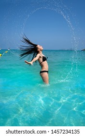 Ibiza Beach Girl Water Hair Flip In Balearic Islands