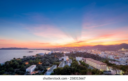 Ibiza island after sunset landscape. View from Dalt Vila fortress. Spain