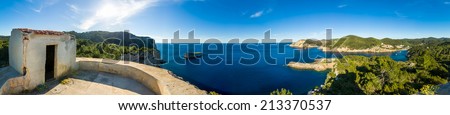 Ibiza island Mediterranean sea landscape with tower Zdjęcia stock © 