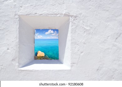 Ibiza Mediterranean White Wall Window With Formentera Beach View [ Photo-illustration ]