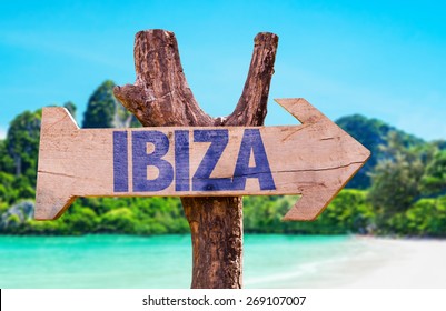 Ibiza Wooden Sign With Beach Background