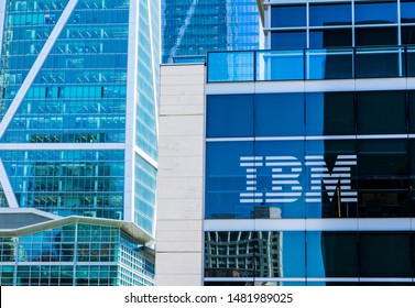 IBM Sign And Logo On Glass Facade Of IBM Watson Modern Office Building In SOMA - San Francisco, California, USA - Circa, 2019