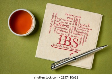 IBS - Irritable Bowel Syndrome Word Cloud On A Napkin, Digestive Track And Gut Health Concept