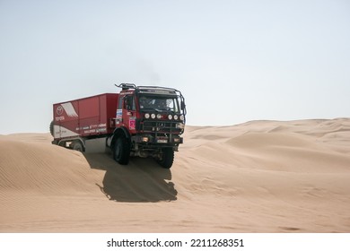 ICA, PERU - January 2013: Dakar Rally Truck From Toyota Team Passing In The Middle Of The Peruvian Desert.