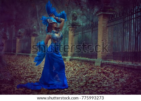 Icarus, Pink smoke, beautiful brunette girl in a suit made of blue wires, bears bird wings and colorful feathers helmet