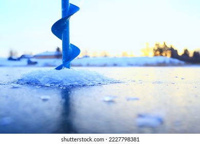 ice auger drill background ice, winter sport tool hobby fishing - Shutterstock ID 2227798381