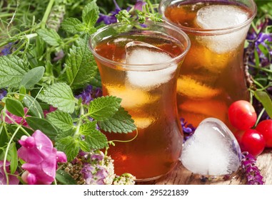 Ice Black Tea With Herbs, Selective Focus