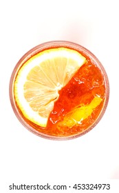 Ice Black Tea With Lemon Slice Isolated On White Background; Overhead Shot