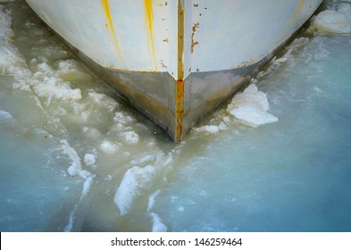 Ice Breaker, Boat Bow On Iced Water