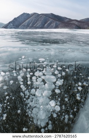 Ice bubbles are visible beneath the surface of a frozen lake, with snow-covered mountains rising in the background under a clear sky