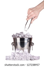 Ice Bucket With Hand Holding Ice Tongs Isolated