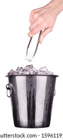 Ice Bucket With Hand Holding Tongs Isolated On A White Background