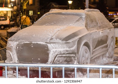 Ice Car Sculpture In French Alpine Resort. Chamonix