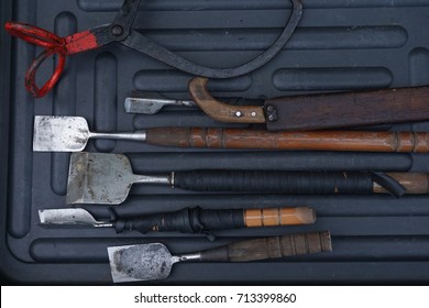 Ice Carving Tools On Black Board, Top View