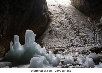 Ice cave interior with ice structures in Durmitor national park