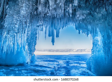 Ice cave on Olkhon island on Baikal lake in Siberia,Russia at winter time