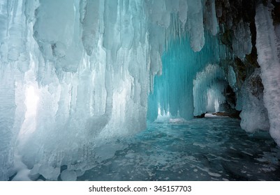 Ice Cave On Olkhon Island On Baikal Lake In Siberia At Winter Time