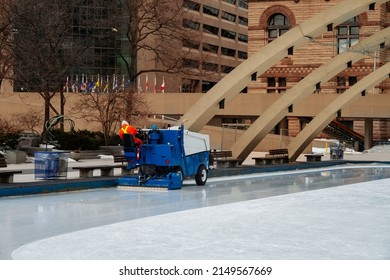 Ice Cleaning Machine Servicing Icerink In Toronto Downtown Square