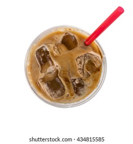 Ice coffee with milk top view isolated on white background