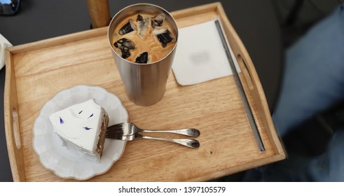 Ice Coffee(americano) With A Piece Of Cake, Earl Grey Chiffon Cake, Wooden Tray