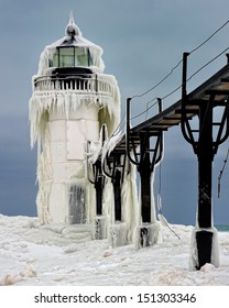 Ice covered lighthouse St Joseph Michigan USA