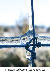 Ice Covered Woven Wire  Field Fencing After A Winter Storm.  