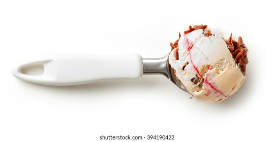 Ice Cream Ball In A Spoon Isolated On White Background