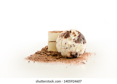 Ice Cream Ball, Tiramisu Flavor With Ingredients, Cocoa And Slices Of Tiramisu, Isolated On A White Background.