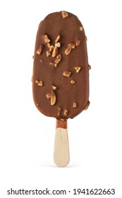 Ice Cream Bar With Chocolate Coating And Nuts Isolated On White Background.