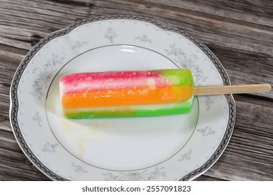 Ice cream bar made of mixed fruits and flavors, an ice cream bar is a frozen dessert featuring ice cream on a stick, summertime and holidays concept, selective focus - Powered by Shutterstock