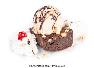 Ice Cream Brownie Sundae Isolated On White