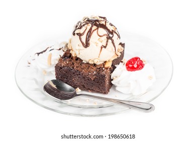 Ice Cream Brownie Sundae Isolated On White