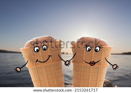 ice cream cartoon men. couple ice cream on the sky and water background                                