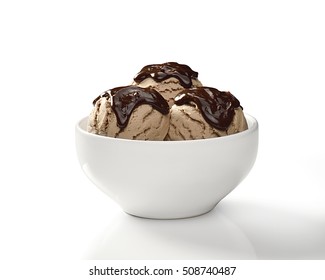 ice cream with chocolate sauce in bowl
