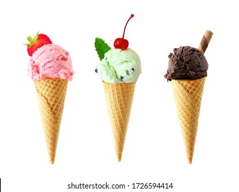 Ice cream cone assortment isolated on a white background. Strawberry, mint and dark chocolate in waffle cones. - Powered by Shutterstock