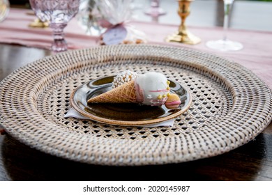 Ice Cream Cone Cake Pop On Wicker Woven Charger Plate