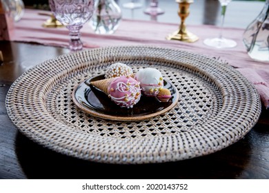 Ice Cream Cone Cake Pops In Woven Wicker Charger Plate