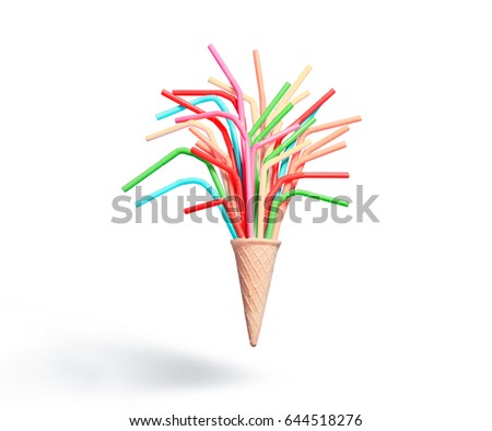 Ice cream cone with colorful drinking straws on white background