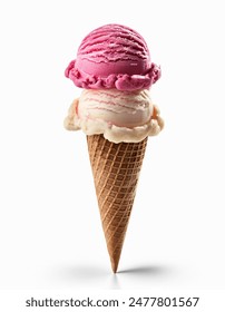 Ice cream cone isolated on white background, summer concept, strawberry and vanilla ice cream scoop