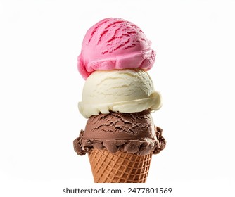 Ice cream cone isolated on white background, summer concept, strawberry, vanilla and chocolate ice cream scoop