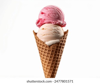 Ice cream cone isolated on white background, summer concept, strawberry and vanilla icecream scoop - Powered by Shutterstock