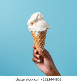 Ice cream cone on a blue background. The woman holding the ice cream by hand.
					