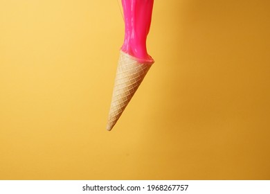 Ice Cream Cone With Pink Dripping Slime. Minimal Concept.