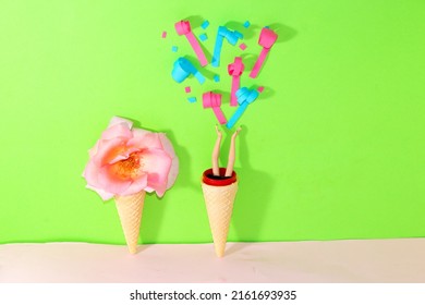  Ice Cream Cone With Pink Flower And Ice Cream Cone With Hands Throwing Confetti, Creative Summer Party Design On Green Pink Background