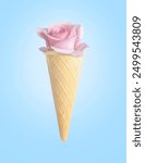 Ice cream cone with rose flower on light blue background