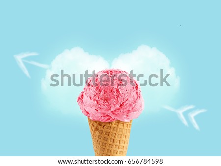 Ice cream cone of strawbeery flavor, with copy space to add text, I love ice cream concept