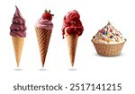 Ice cream cone, Strawberry, cherry, sherbet, Cream, Vanilla and topped with colorful chocolate candy and chocolate sauce in cone and cup cone.