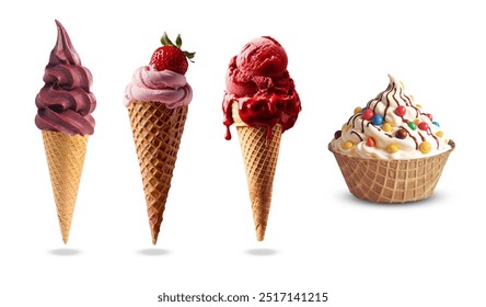 Ice cream cone, Strawberry, cherry, sherbet, Cream, Vanilla and topped with colorful chocolate candy and chocolate sauce in cone and cup cone. - Powered by Shutterstock