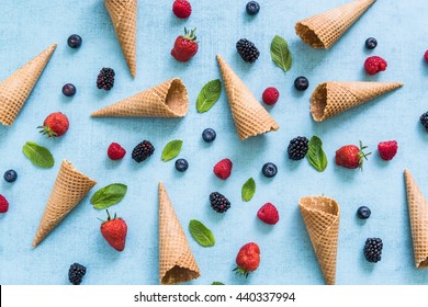 Ice Cream Cones And Fresh Berries, Summer Flat Lay Background