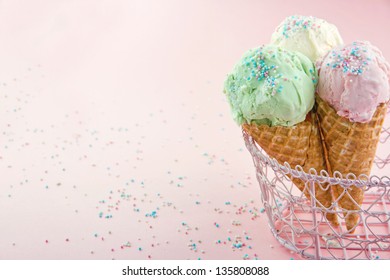 Ice Cream Cones In An Metal Basket In Pink Shabby Chic Vintage Background